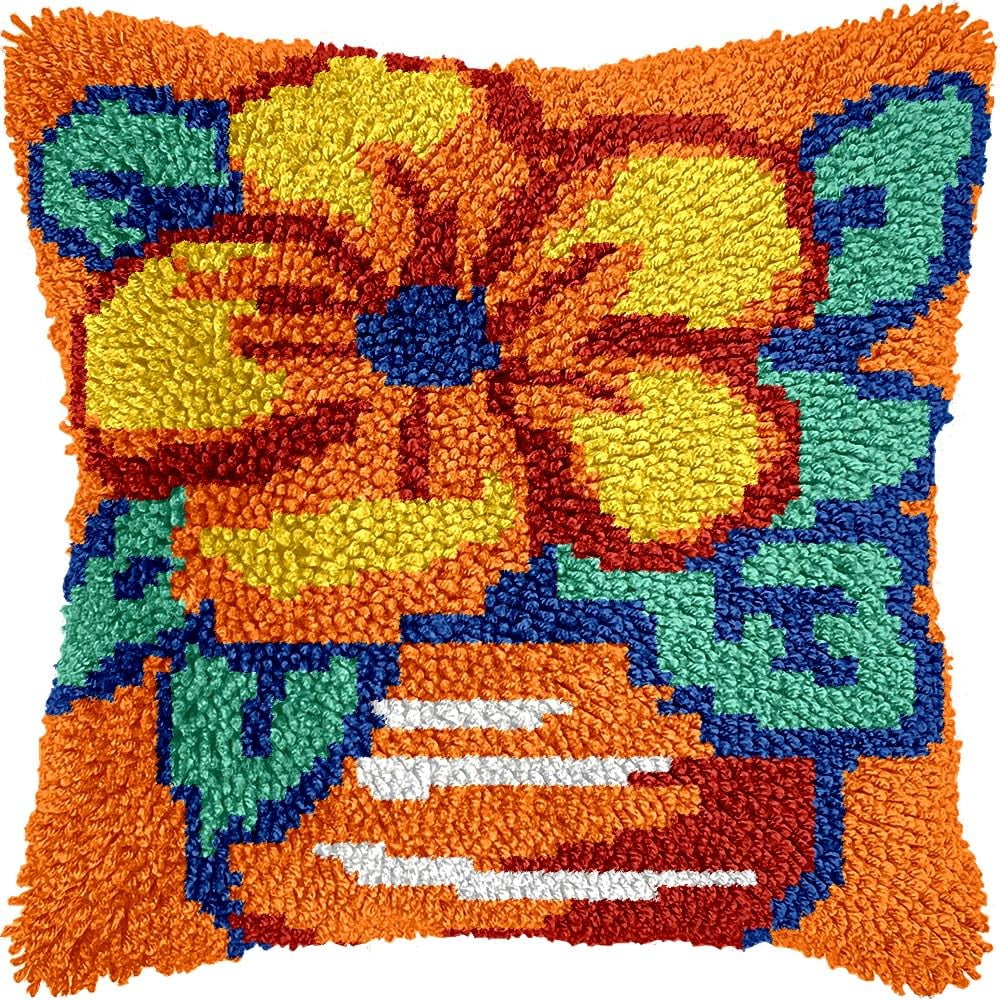 Latch Hook Pillow Kits Pillow Cover Pattern Flowers Pot Printed Canvas Knitted Hooking Pillowcase Cushion Crafts Embroidery Crochet Home Decor Kits 17x17 inch(c169)