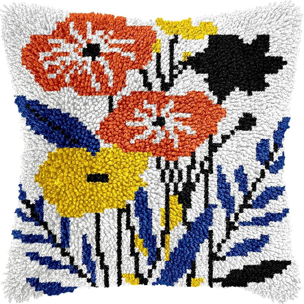 Latch Hook Pillow Kits Pillow Cover Pattern Flowers Printed Canvas Cross Stich Hooking Pillowcase Cushion Crafts Embroidery Crochet Home Decor Kits 17x17 inch(B72)