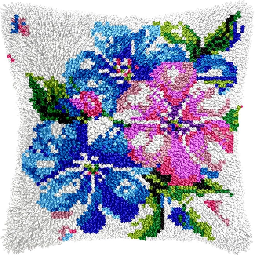 Latch Hook Pillow Kits Pillow Cover Pattern Flowers Printed Canvas Cross Stich Hooking Pillowcase Cushion Crafts Embroidery Crochet Home Decor Kits 17x17 inch(B117)