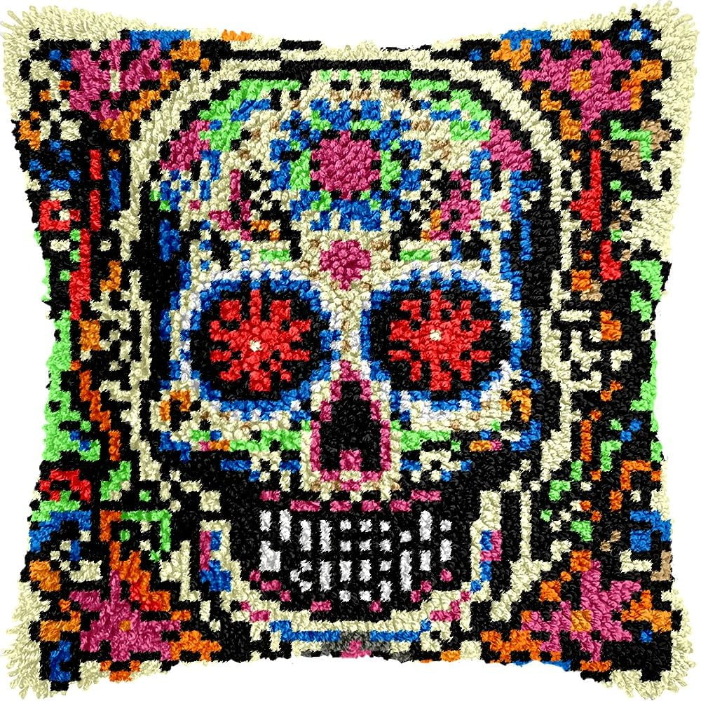 Latch Hook Pillow Kits Pillow Cover Pattern Flowers Skull Printed Canvas Cross Stich Hooking Pillowcase Cushion Crafts Embroidery Crochet Home Decor Kits 17x17 inch(B134)