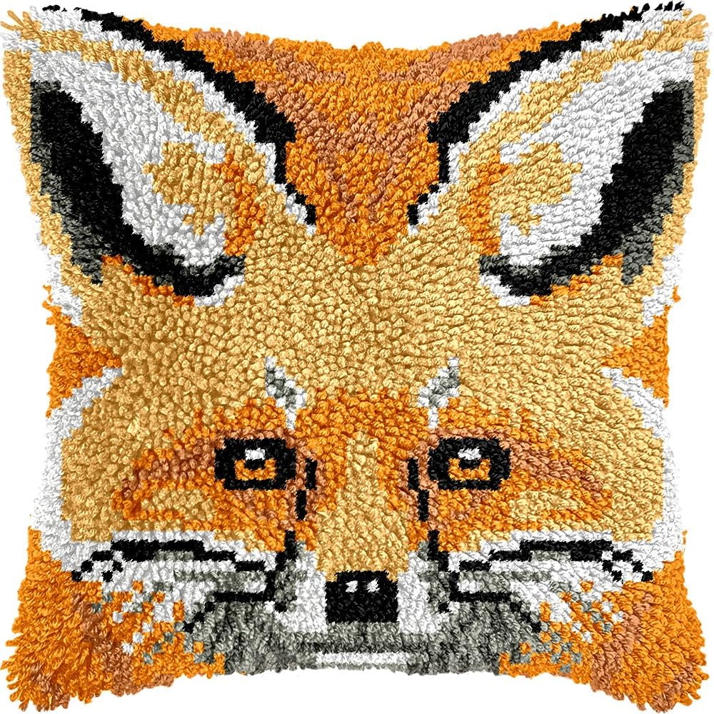 Latch Hook Pillow Kits Pillow Cover Pattern Fox Printed Canvas Cross Stich Hooking Pillowcase Cushion Crafts Embroidery Crochet Home Decor Kits 17x17 inch(B119)