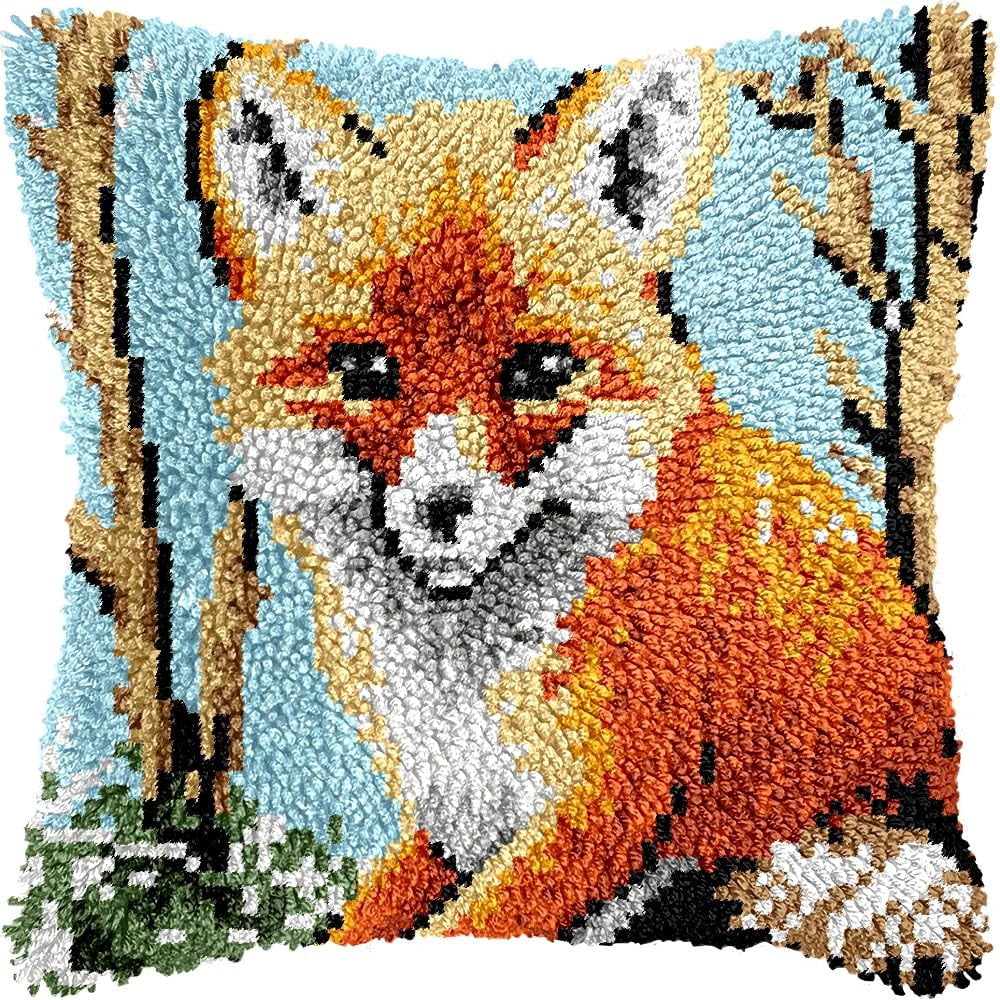Latch Hook Pillow Kits Pillow Cover Pattern Fox Printed Canvas Knitted Hooking Pillowcase Cushion Crafts Embroidery Crochet Home Decor Kits 17x17 inch(c57)