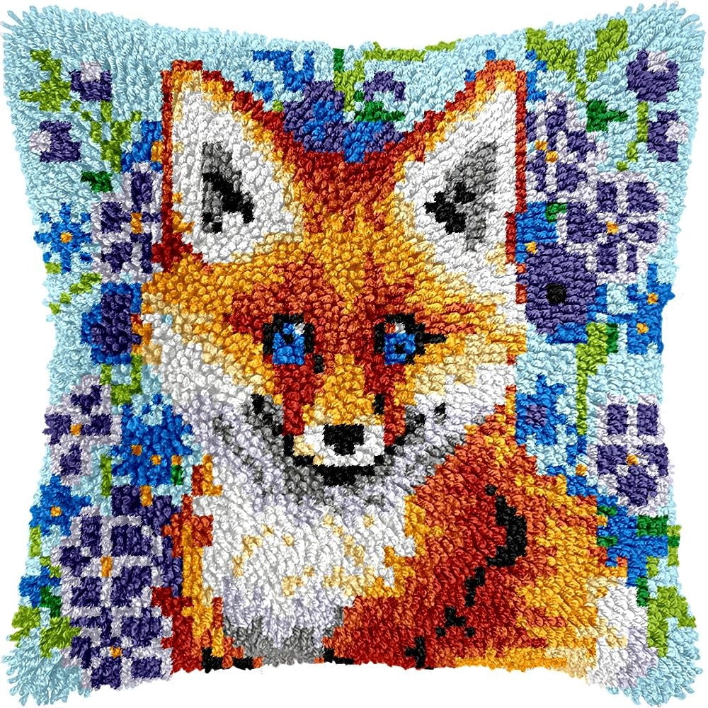 Latch Hook Pillow Kits Pillow Cover Pattern Fox Printed Canvas Knitted Hooking Pillowcase Cushion Crafts Embroidery Crochet Home Decor Kits 17x17 inch(c15)