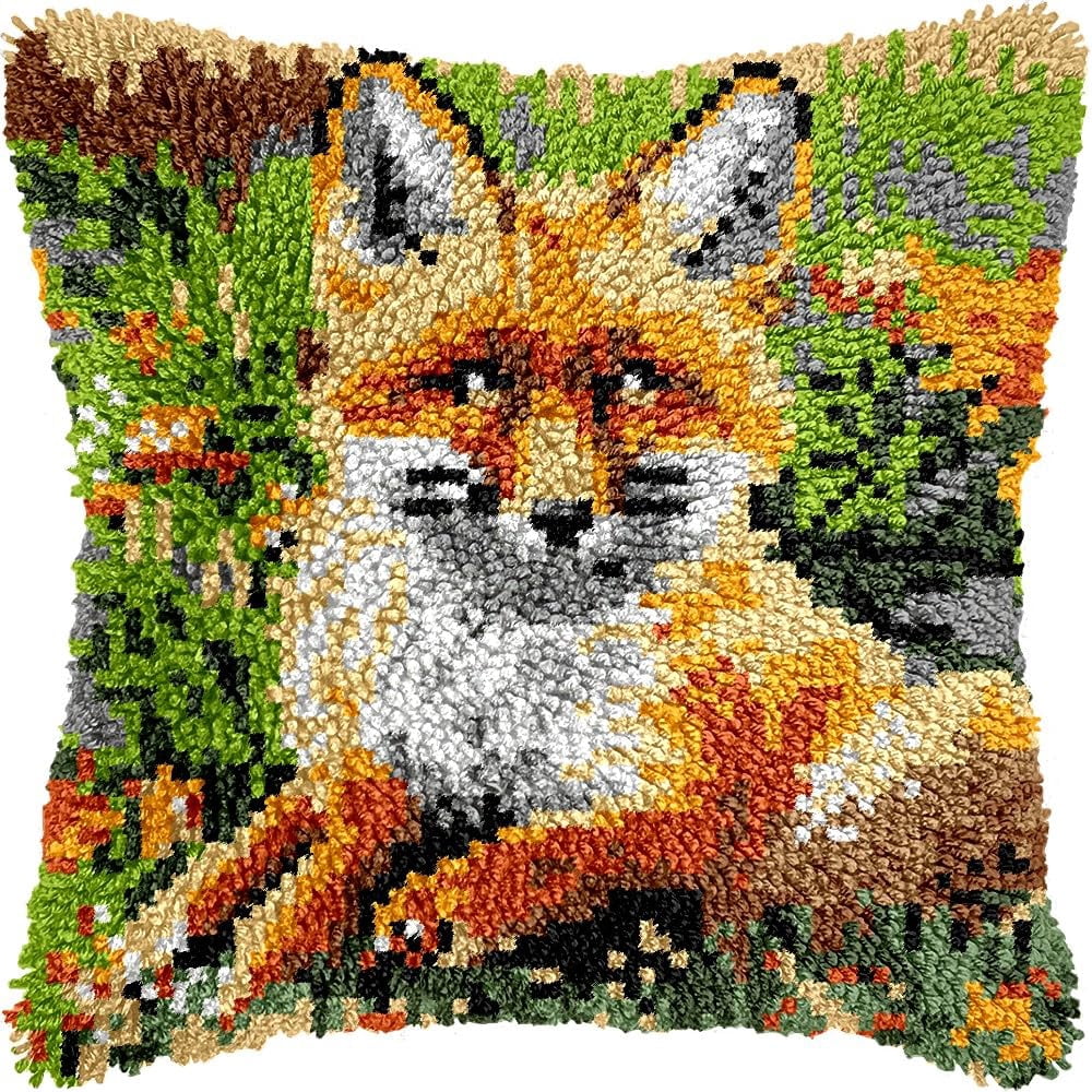 Latch Hook Pillow Kits Pillow Cover Pattern Fox Printed Canvas Knitted Hooking Pillowcase Cushion Crafts Embroidery Crochet Home Decor Kits 17x17 inch(c62)