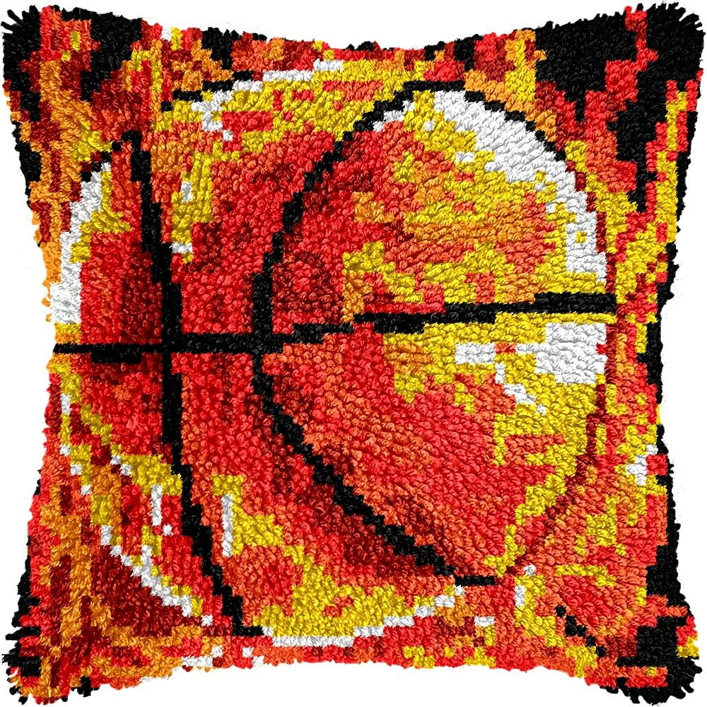 Latch Hook Pillow Kits Pillow Cover Pattern Frei Basketball Printed Canvas Cross Stich Hooking Pillowcase Cushion Crafts Embroidery Crochet Home Decor Kits 17x17 inch(B30)