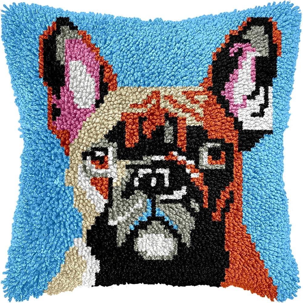 Latch Hook Pillow Kits Pillow Cover Pattern French Bulldog Printed Canvas Cross Stich Hooking Pillowcase Cushion Crafts Embroidery Crochet Home Decor Kits 17x17 inch(B11)