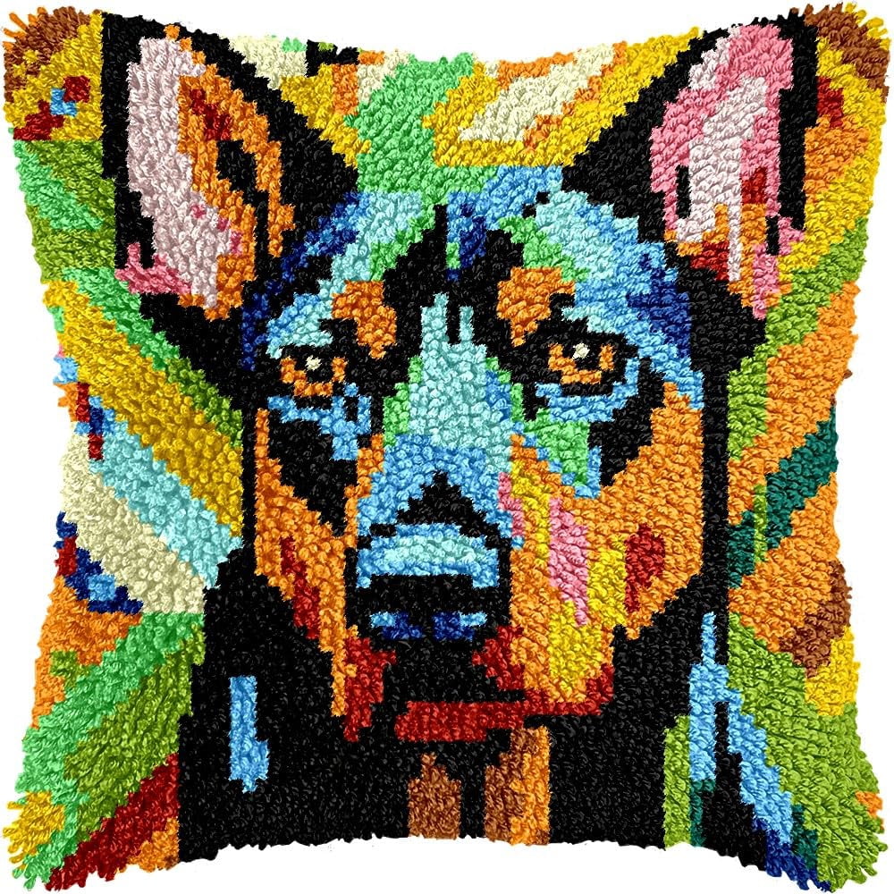 Latch Hook Pillow Kits Pillow Cover Pattern German Shepherd Printed Canvas Cross Stich Hooking Pillowcase Cushion Crafts Embroidery Crochet Home Decor Kits 17x17 inch(B5)