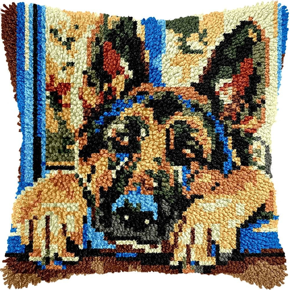 Latch Hook Pillow Kits Pillow Cover Pattern German Shepherd Printed Canvas Cross Stich Hooking Pillowcase Cushion Crafts Embroidery Crochet Home Decor Kits 17x17 inch(B21)