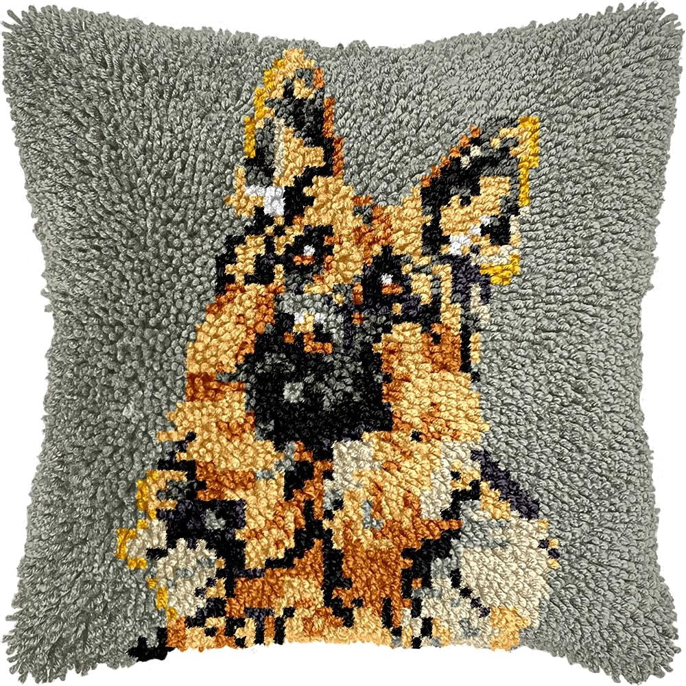 Latch Hook Pillow Kits Pillow Cover Pattern German Shepherd Printed Canvas Cross Stich Hooking Pillowcase Cushion Crafts Embroidery Crochet Home Decor Kits 17x17 inch(B45)