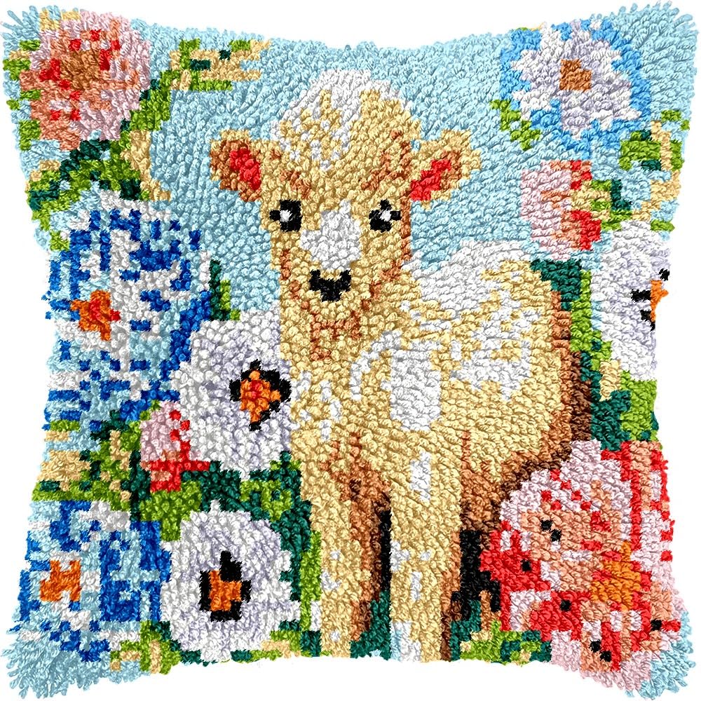 Latch Hook Pillow Kits Pillow Cover Pattern Goat & Flowers Printed Canvas Knitted Hooking Pillowcase Cushion Crafts Embroidery Crochet Home Decor Kits 17x17 inch(c70)