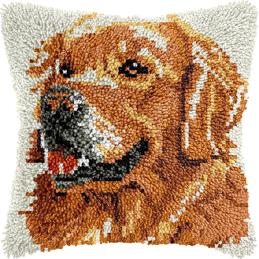 Latch Hook Pillow Kits Pillow Cover Pattern Golden Retriever Printed Canvas Cross Stich Hooking Pillowcase Cushion Crafts Embroidery Crochet Home Decor Kits 17x17 inch(B27)