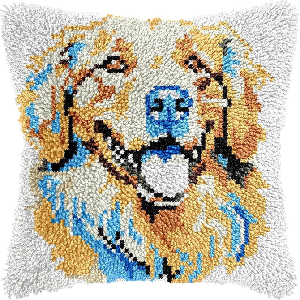Latch Hook Pillow Kits Pillow Cover Pattern Golden Retriever Printed Canvas Cross Stich Hooking Pillowcase Cushion Crafts Embroidery Crochet Home Decor Kits 17x17 inch(B80)