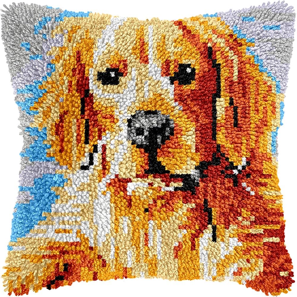 Latch Hook Pillow Kits Pillow Cover Pattern Golden Retriever Printed Canvas Knitted Hooking Pillowcase Cushion Crafts Embroidery Crochet Home Decor Kits 17x17 inch(c161)