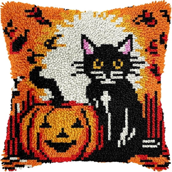 Latch Hook Pillow Kits Pillow Cover Pattern Halloween Pumpkin & Kitten PrintedCanvas Knitted Hooking Pillowcase Cushion Crafts Embroidery Crochet Home Decor Kits 17x17 inch(c179)