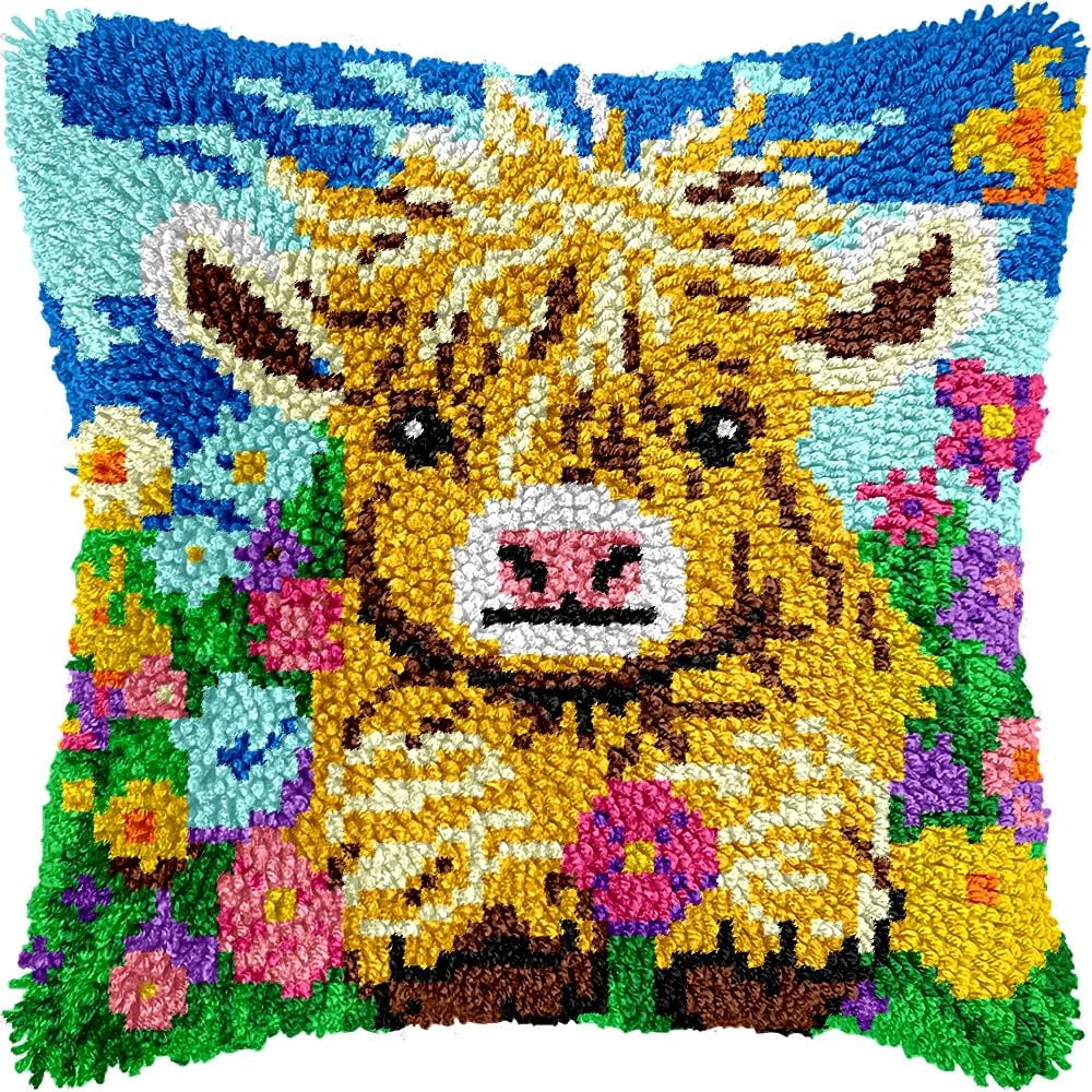 Latch Hook Pillow Kits Pillow Cover Pattern Highland Cow & Flowers Printed Canvas Cross Stich Hooking Pillowcase Cushion Crafts Embroidery Crochet Home Decor Kits 17x17 inch(B57)