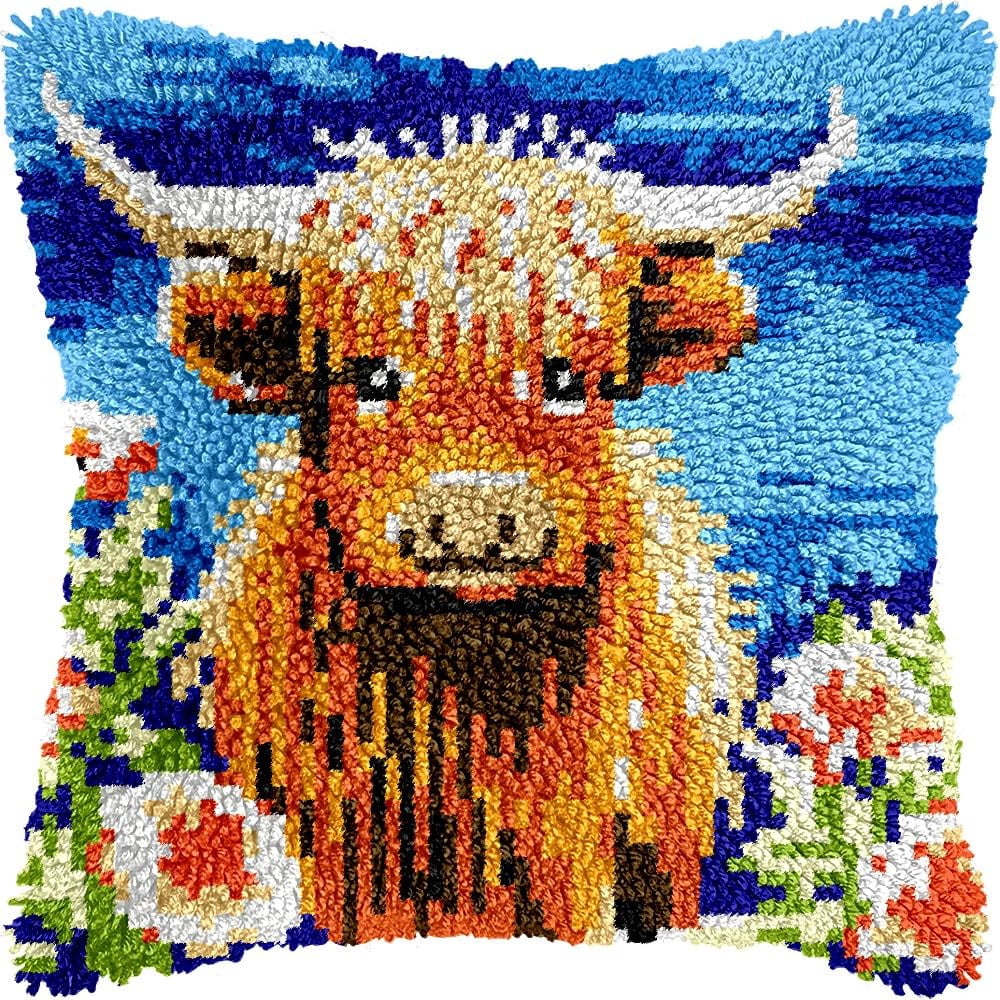 Latch Hook Pillow Kits Pillow Cover Pattern Highland Cow & Flowers Printed Canvas Knitted Hooking Pillowcase Cushion Crafts Embroidery Crochet Home Decor Kits 17x17 inch(c16)