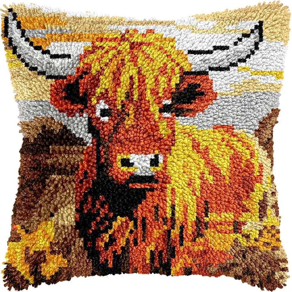 Latch Hook Pillow Kits Pillow Cover Pattern Highland Cow Printed Canvas Knitted Hooking Pillowcase Cushion Crafts Embroidery Crochet Home Decor Kits 17x17 inch(c58)
