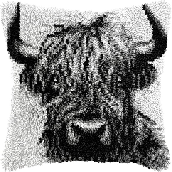 Latch Hook Pillow Kits Pillow Cover Pattern Highland Cow PrintedCanvas Knitted Hooking Pillowcase Cushion Crafts Embroidery Crochet Home Decor Kits 17x17 inch(c157)