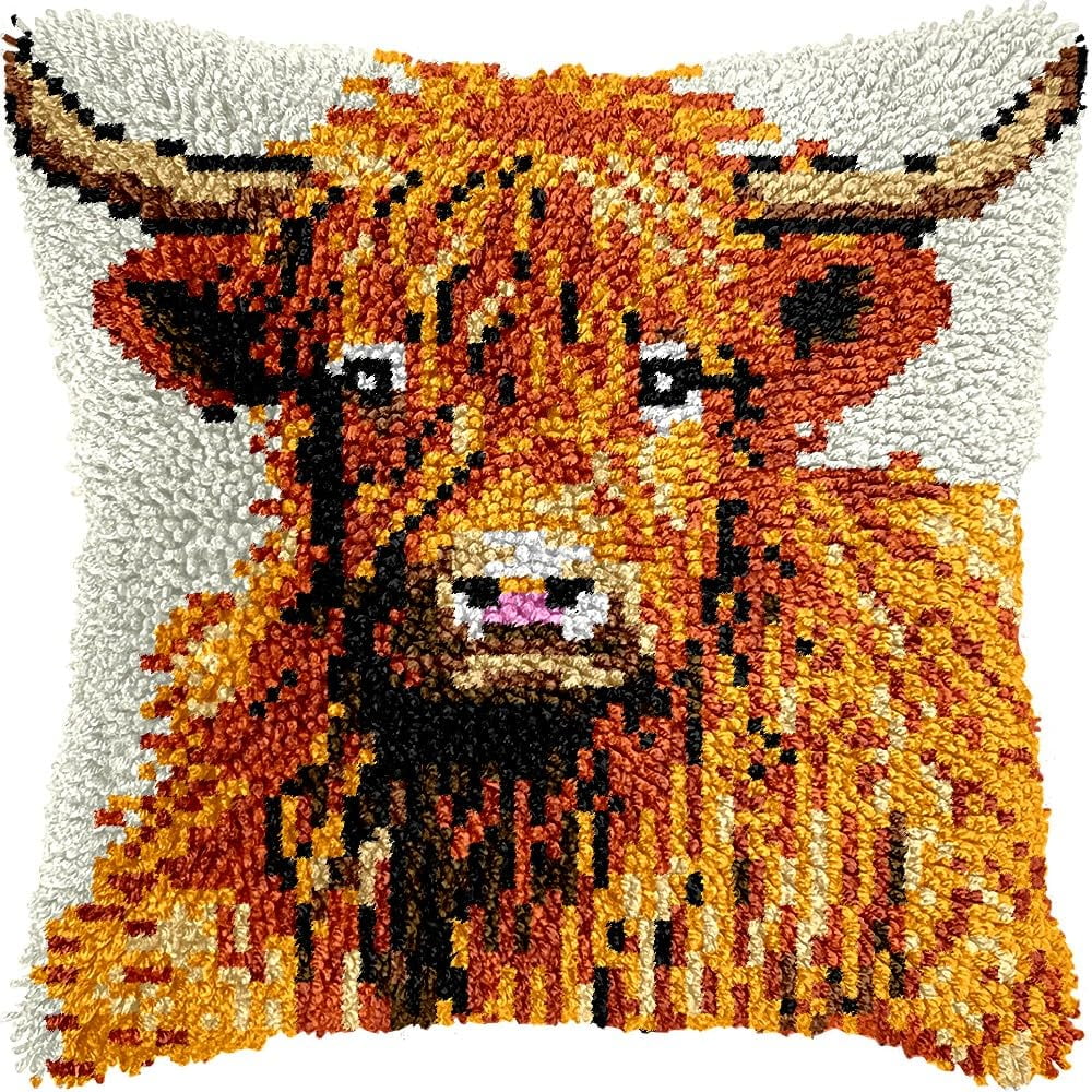 Latch Hook Pillow Kits Pillow Cover Pattern Highland Cow Printed Canvas Knitted Hooking Pillowcase Cushion Crafts Embroidery Crochet Home Decor Kits 17x17 inch(c165)
