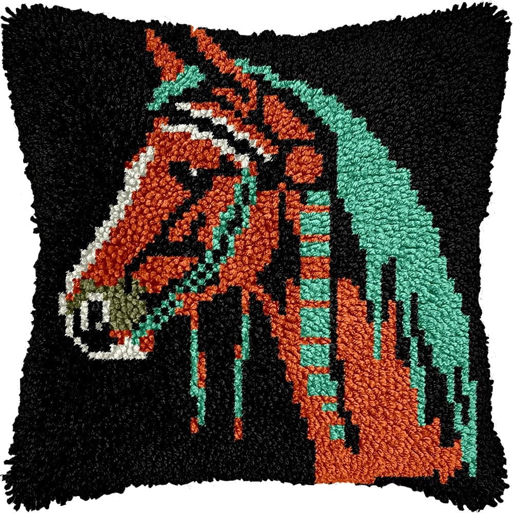 Latch Hook Pillow Kits Pillow Cover Pattern Indian Horse Printed Canvas Cross Stich Hooking Pillowcase Cushion Crafts Embroidery Crochet Home Decor Kits 17x17 inch(B167)