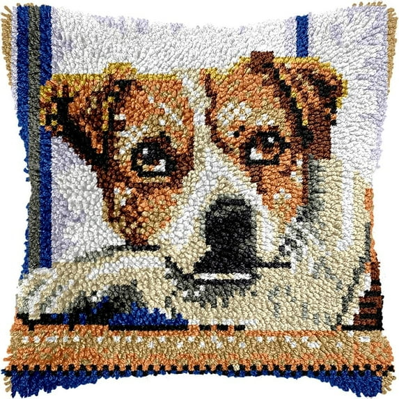 Latch Hook Pillow Kits Pillow Cover Pattern Jack Russel Terrier Printed Canvas Knitted Hooking Pillowcase Cushion With Zipper Crafts Crochet Home Decor Kits 17x17 inch(x6)