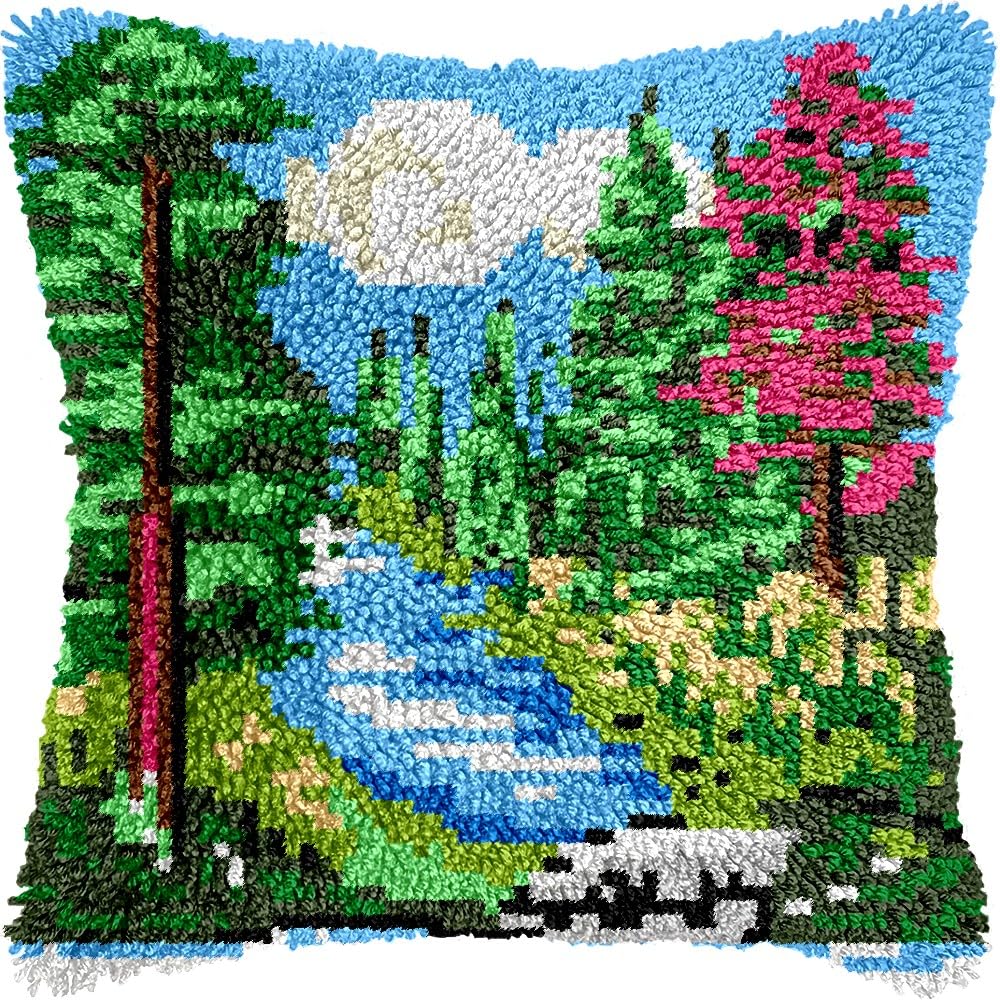 Latch Hook Pillow Kits Pillow Cover Pattern Jungle Scenery Printed Canvas Knitted Hooking Pillowcase Cushion Crafts Embroidery Crochet Home Decor Kits 17x17 inch(c76)