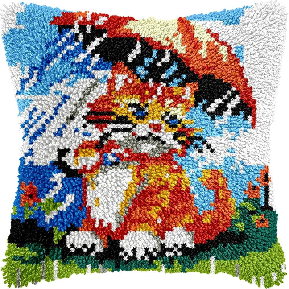 Latch Hook Pillow Kits Pillow Cover Pattern Kitten under Umbrella Printed Canvas Cross Stich Hooking Pillowcase Cushion Crafts Embroidery Crochet Home Decor Kits 17x17 inch(B101)