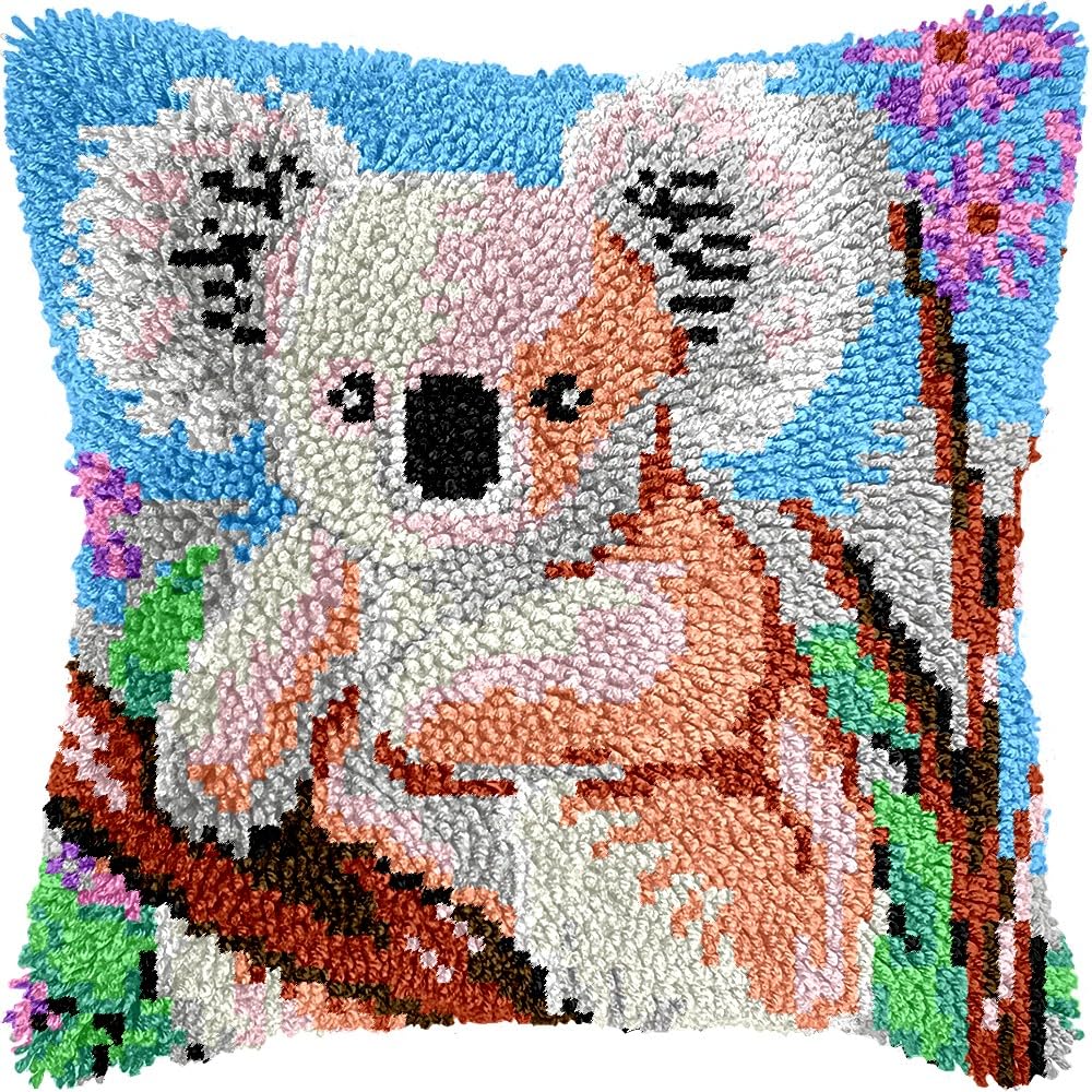 Latch Hook Pillow Kits Pillow Cover Pattern Koala Bear Printed Canvas Knitted Hooking Pillowcase Cushion Crafts Embroidery Crochet Home Decor Kits 17x17 inch(c82)