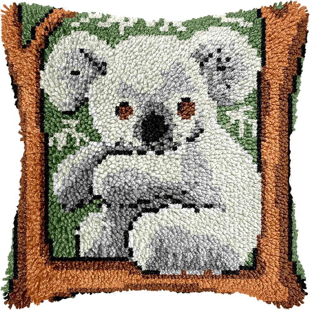 Latch Hook Pillow Kits Pillow Cover Pattern Koala Bear Printed Canvas Knitted Hooking Pillowcase Cushion Crafts Embroidery Crochet Home Decor Kits 17x17 inch(c89)