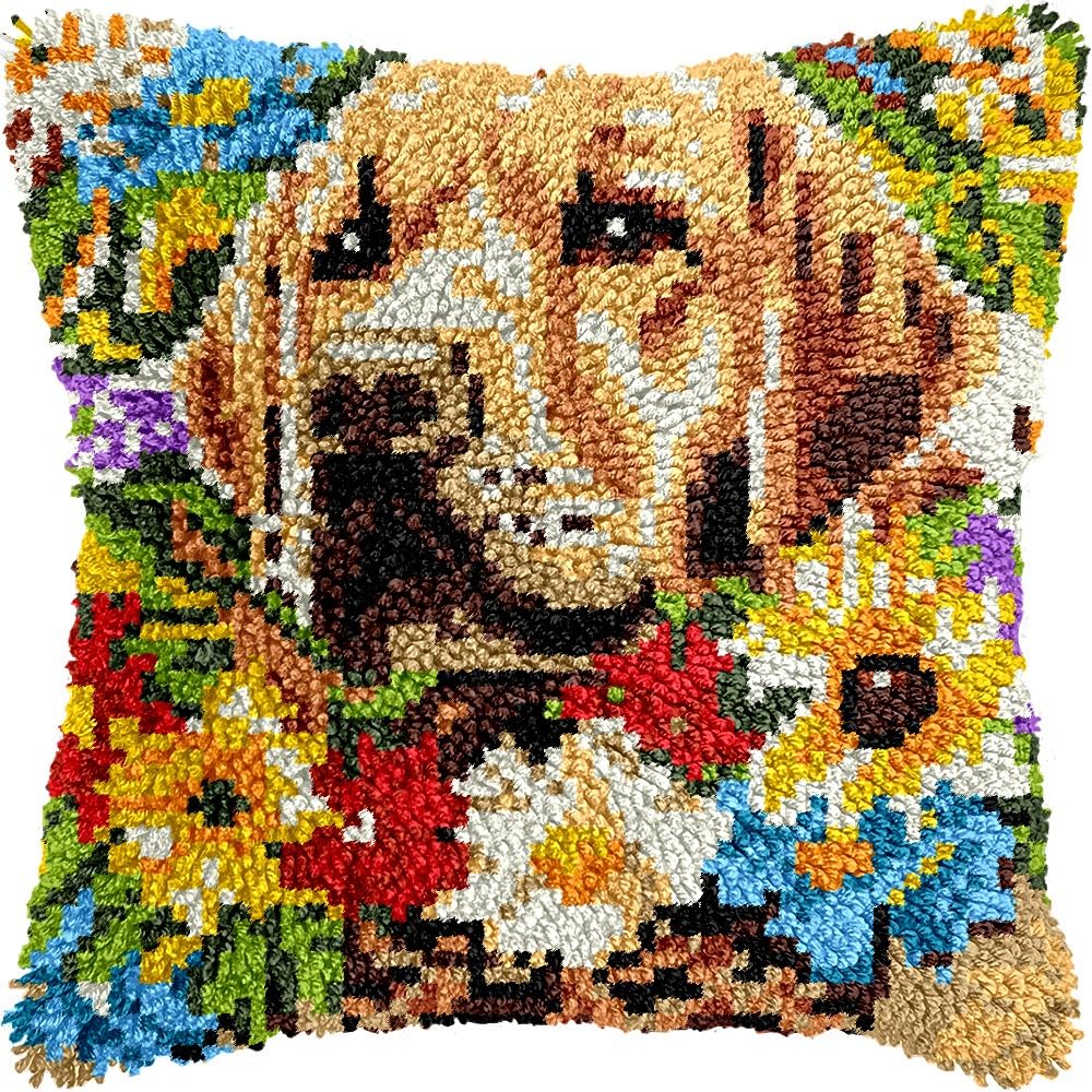 Latch Hook Pillow Kits Pillow Cover Pattern Labrador & Flowers Printed Canvas Cross Stich Hooking Pillowcase Cushion Crafts Embroidery Crochet Home Decor Kits 17x17 inch(B120)
