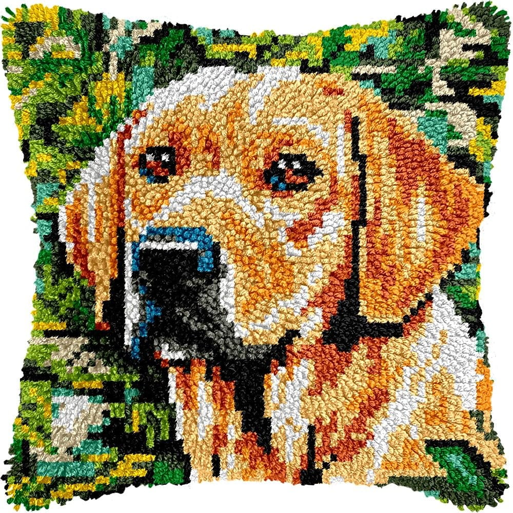 Latch Hook Pillow Kits Pillow Cover Pattern Labrador Printed Canvas Cross Stich Hooking Pillowcase Cushion Crafts Embroidery Crochet Home Decor Kits 17x17 inch(B54)