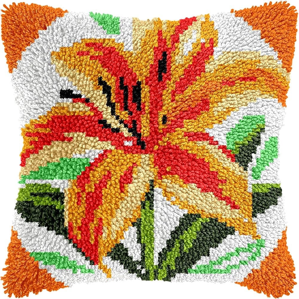 Latch Hook Pillow Kits Pillow Cover Pattern Lilies Printed Canvas Knitted Hooking Pillowcase Cushion Crafts Embroidery Crochet Home Decor Kits 17x17 inch(c54)