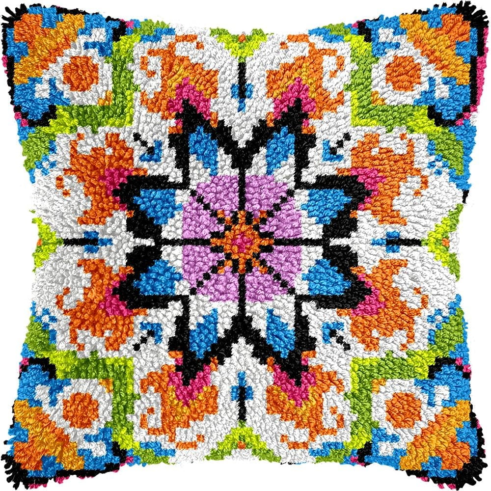 Latch Hook Pillow Kits Pillow Cover Pattern Mandala Flowers Printed Canvas Knitted Hooking Pillowcase Cushion Crafts Embroidery Crochet Home Decor Kits 17x17 inch(c59)