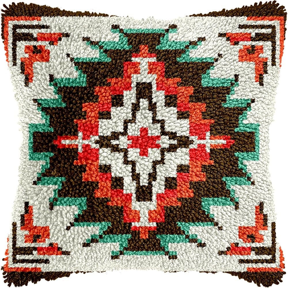 Latch Hook Pillow Kits Pillow Cover Pattern Mandala Flowers Printed Canvas Knitted Hooking Pillowcase Cushion Crafts Embroidery Crochet Home Decor Kits 17x17 inch(c166)