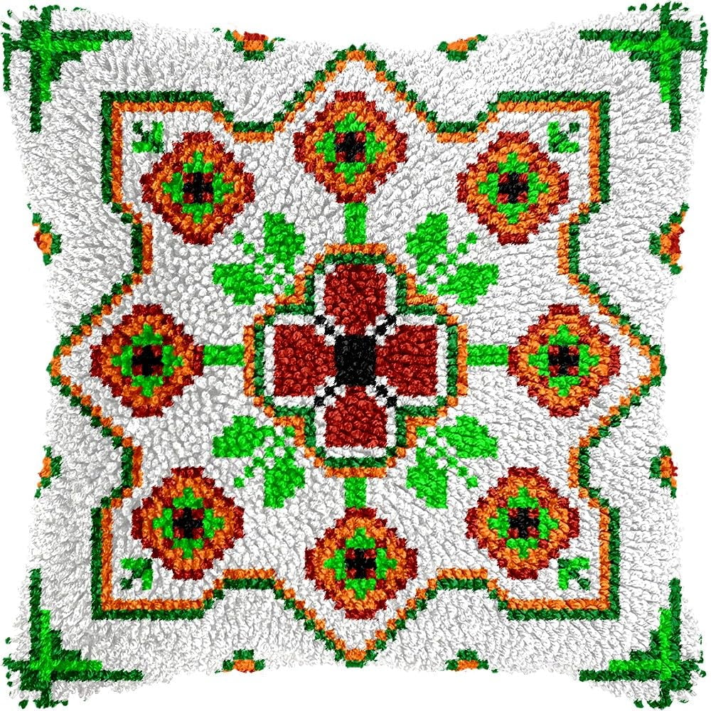 Latch Hook Pillow Kits Pillow Cover Pattern Mandala Flowers Printed Canvas Knitted Hooking Pillowcase Cushion Crafts Embroidery Crochet Home Decor Kits 17x17 inch(c208)