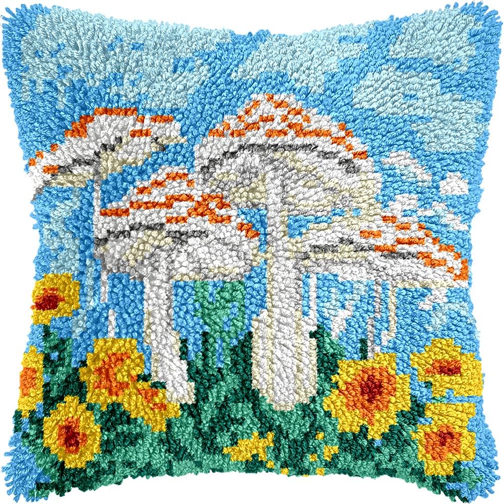Latch Hook Pillow Kits Pillow Cover Pattern Mushrooms & Flowers Printed Canvas Knitted Hooking Pillowcase Cushion Crafts Embroidery Crochet Home Decor Kits 17x17 inch(c75)