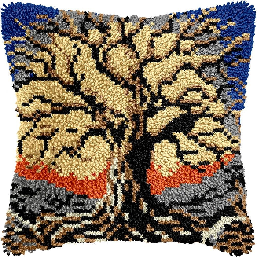 Latch Hook Pillow Kits Pillow Cover Pattern Old Tree Printed Canvas Knitted Hooking Pillowcase Cushion Crafts Embroidery Crochet Home Decor Kits 17x17 inch(c56)