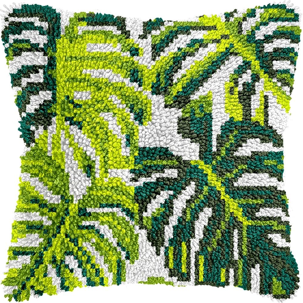 Latch Hook Pillow Kits Pillow Cover Pattern Palm Leaves Printed Canvas Knitted Hooking Pillowcase Cushion Crafts Embroidery Crochet Home Decor Kits 17x17 inch(c42)