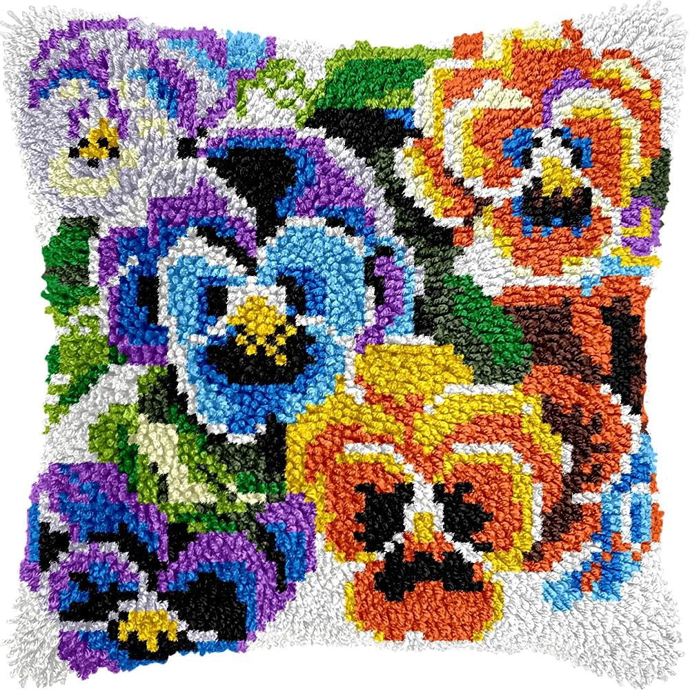 Latch Hook Pillow Kits Pillow Cover Pattern Pansy Flowers Printed Canvas Cross Stich Hooking Pillowcase Cushion Crafts Embroidery Crochet Home Decor Kits 17x17 inch(B2)