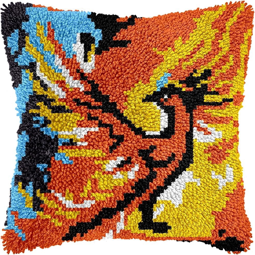 Latch Hook Pillow Kits Pillow Cover Pattern Phoenix Bird Printed Canvas Cross Stich Hooking Pillowcase Cushion Crafts Embroidery Crochet Home Decor Kits 17x17 inch(B62)