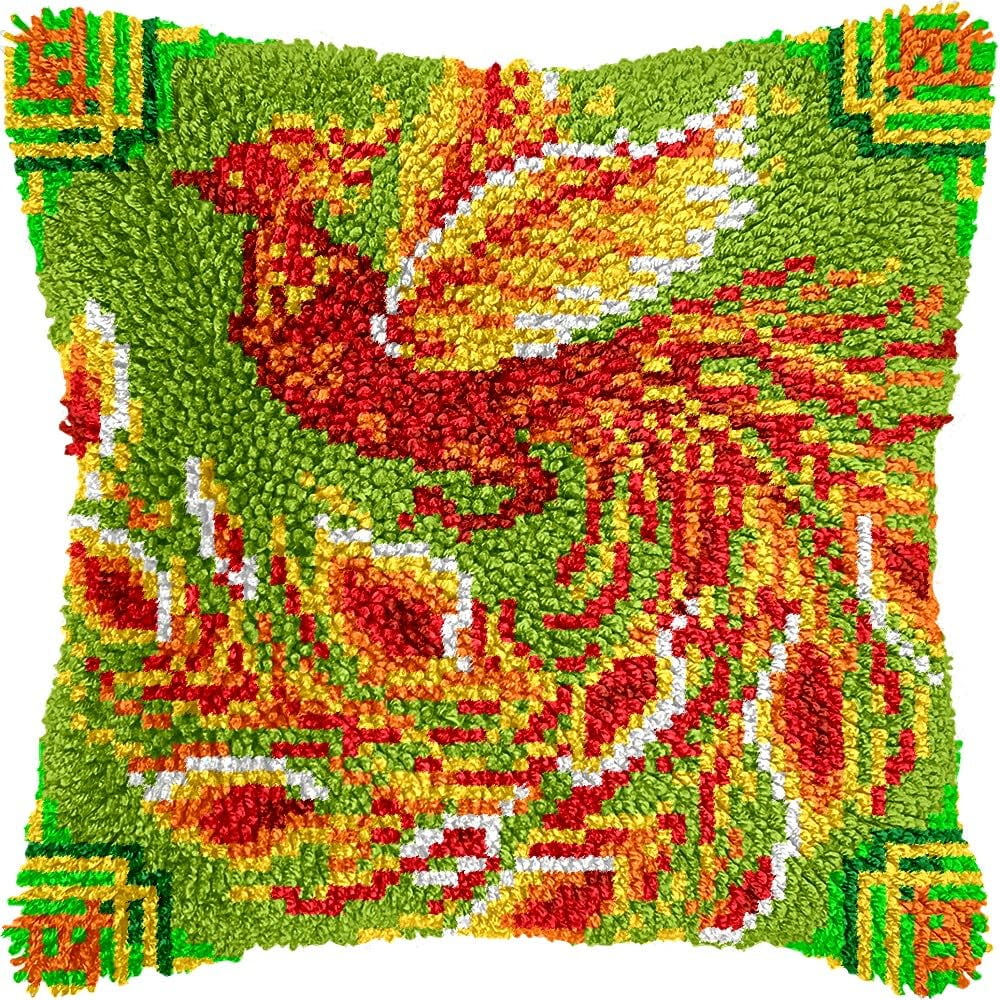 Latch Hook Pillow Kits Pillow Cover Pattern Phoenix Bird Printed Canvas Knitted Hooking Pillowcase Cushion Crafts Embroidery Crochet Home Decor Kits 17x17 inch(c101)