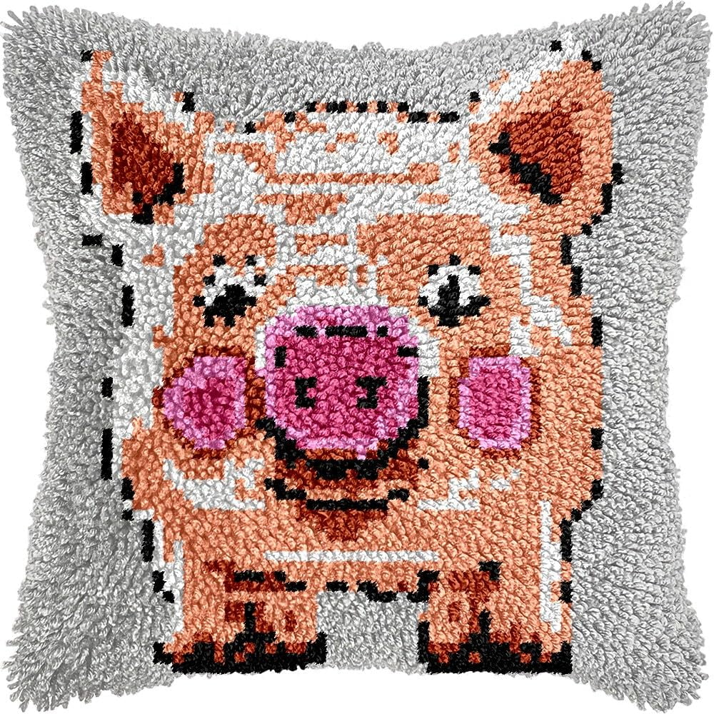 Latch Hook Pillow Kits Pillow Cover Pattern Pig Printed Canvas Knitted Hooking Pillowcase Cushion Crafts Embroidery Crochet Home Decor Kits 17x17 inch(c81)
