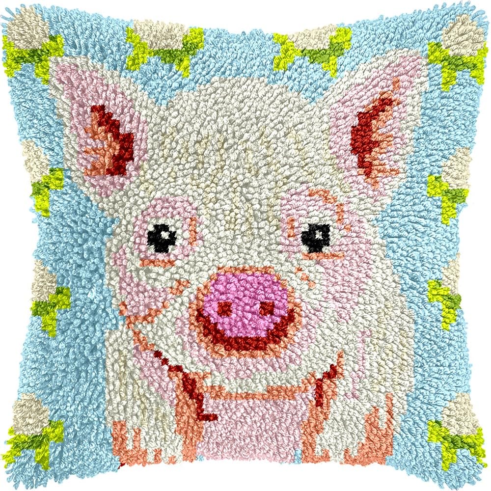 Latch Hook Pillow Kits Pillow Cover Pattern Pig Printed Canvas Knitted Hooking Pillowcase Cushion Crafts Embroidery Crochet Home Decor Kits 17x17 inch(c46)
