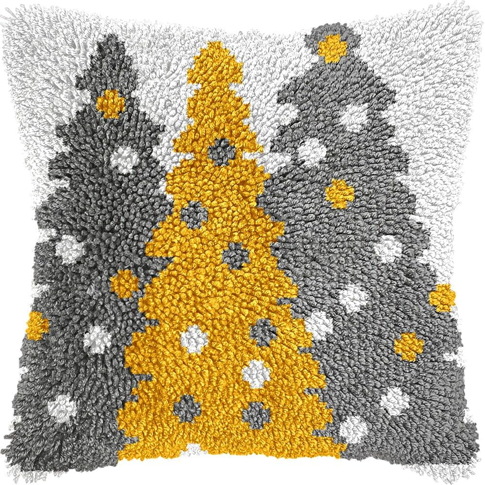 Latch Hook Pillow Kits Pillow Cover Pattern Pine Trees Printed Canvas Knitted Hooking Pillowcase Cushion Crafts Embroidery Crochet Home Decor Kits 17x17 inch(c32)