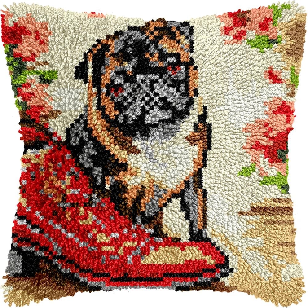 Latch Hook Pillow Kits Pillow Cover Pattern Pug & Boots Printed Canvas Knitted Hooking Pillowcase Cushion Crafts Embroidery Crochet Home Decor Kits 17x17 inch(c212)