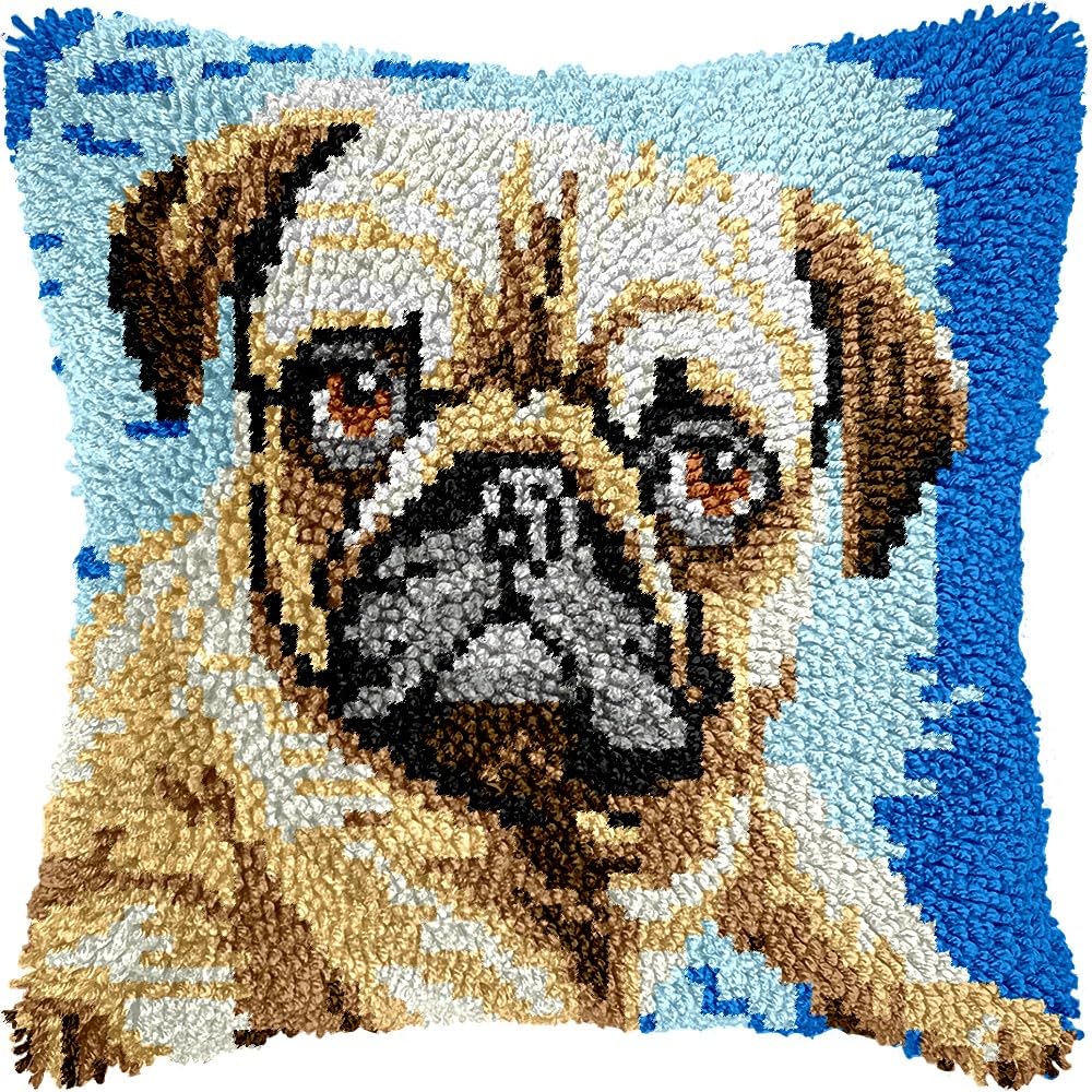 Latch Hook Pillow Kits Pillow Cover Pattern Pug Dog Printed Canvas Knitted Hooking Pillowcase Cushion Crafts Embroidery Crochet Home Decor Kits 17x17 inch(c7)