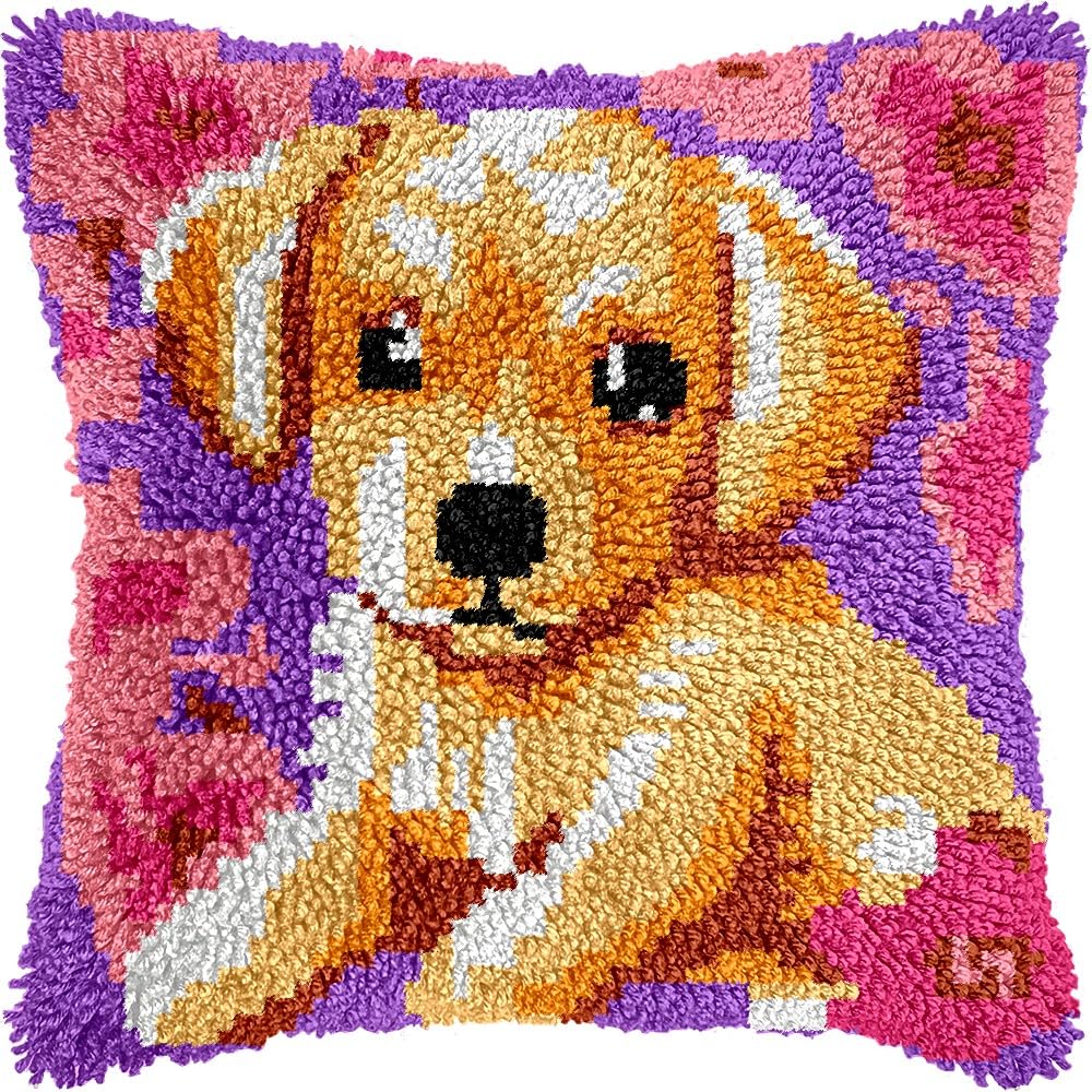 Latch Hook Pillow Kits Pillow Cover Pattern Puppy Dog & Flowers Printed Canvas Cross Stich Hooking Pillowcase Cushion Crafts Embroidery Crochet Home Decor Kits 17x17 inch(B125)