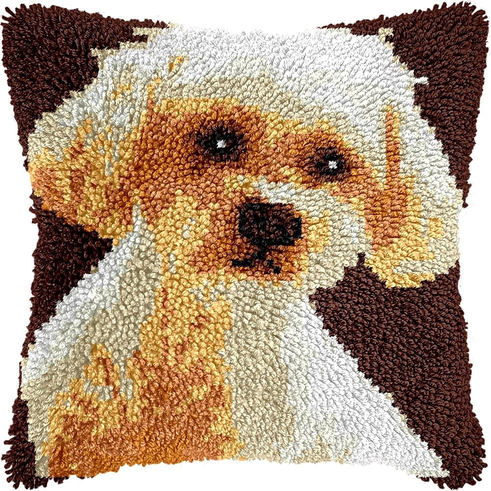 Latch Hook Pillow Kits Pillow Cover Pattern Puppy Poodle Printed Canvas Cross Stich Hooking Pillowcase Cushion Crafts Embroidery Crochet Home Decor Kits 17x17 inch(B14)