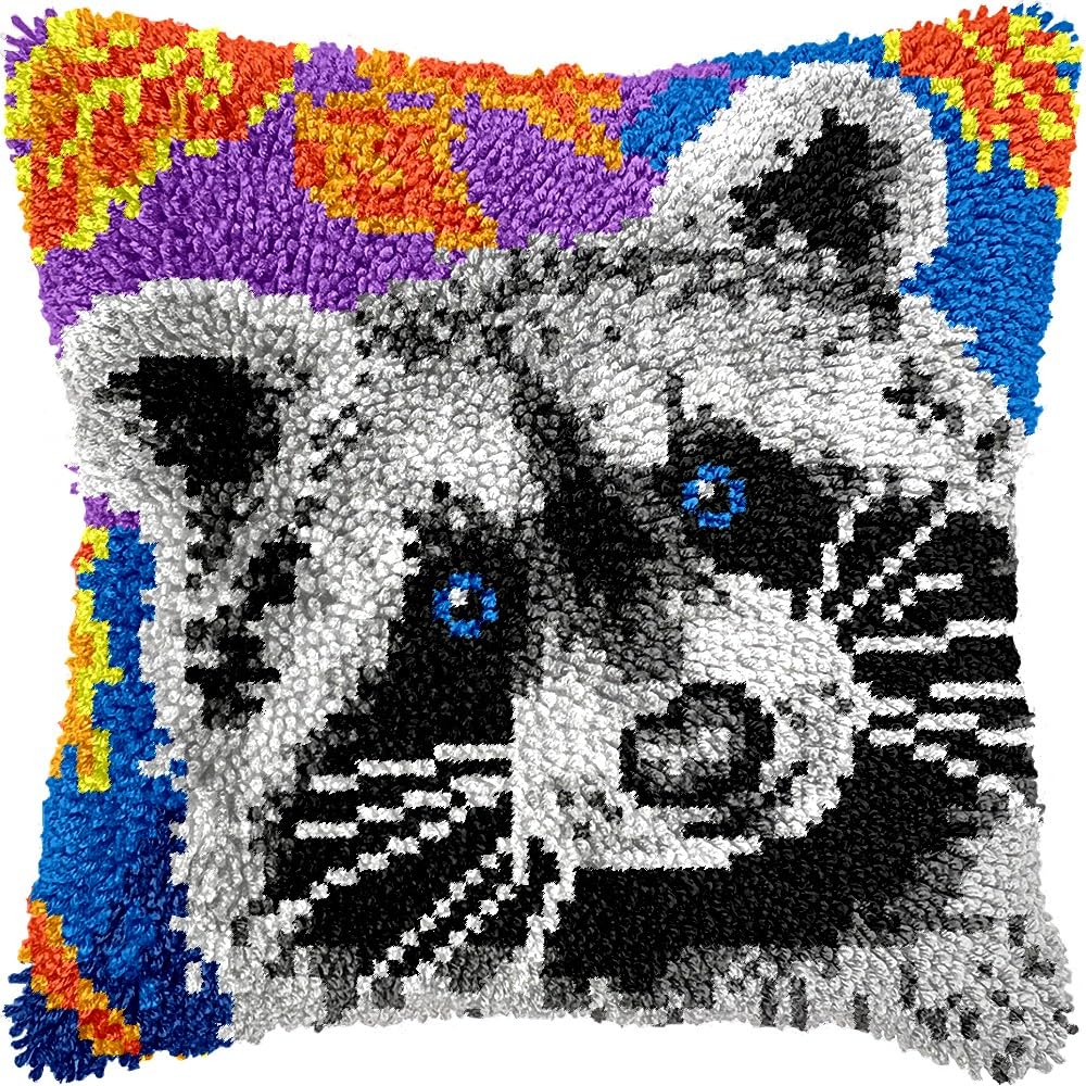 Latch Hook Pillow Kits Pillow Cover Pattern Raccoon Printed Canvas Knitted Hooking Pillowcase Cushion Crafts Embroidery Crochet Home Decor Kits 17x17 inch(c18)