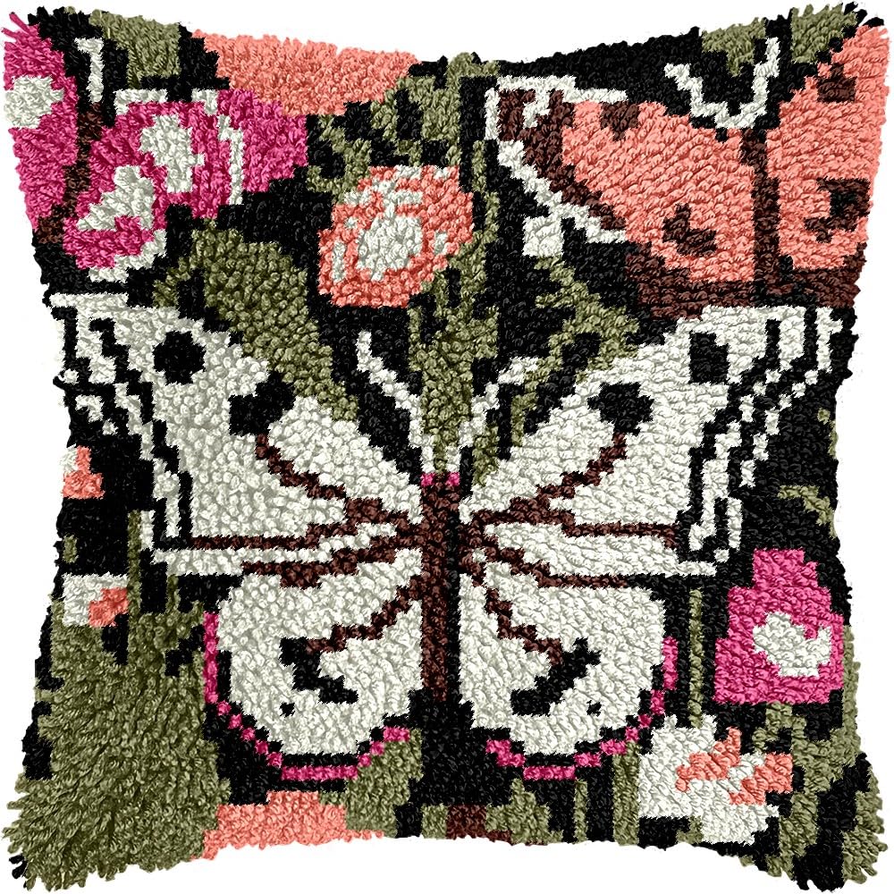 Latch Hook Pillow Kits Pillow Cover Pattern Red Butterfly Printed Canvas Cross Stich Hooking Pillowcase Cushion Crafts Embroidery Crochet Home Decor Kits 17x17 inch(B93)
